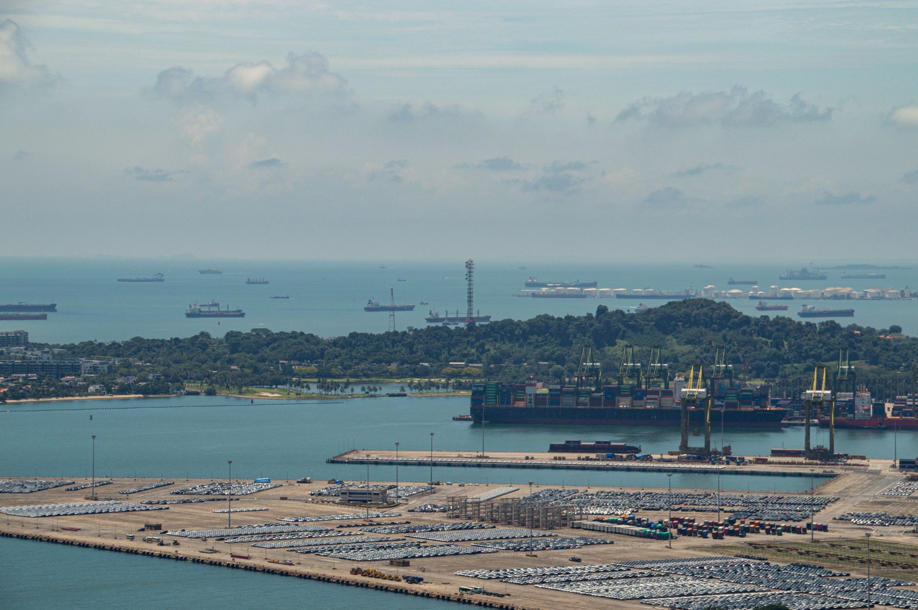 International business meeting overlooking Singapore port